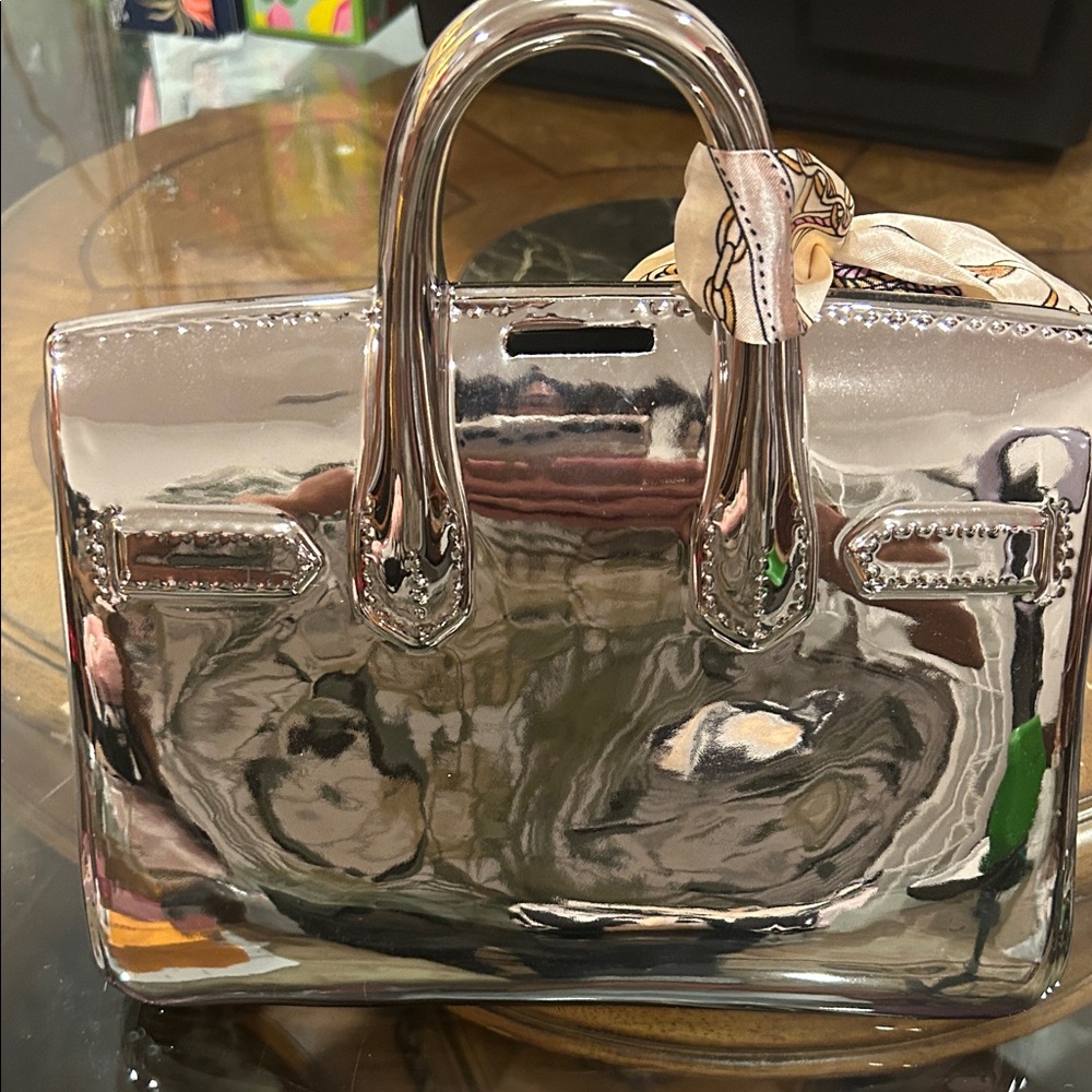 Elegant Silver Handbag Piggy Bank W Twilly - Picture 3 of 3